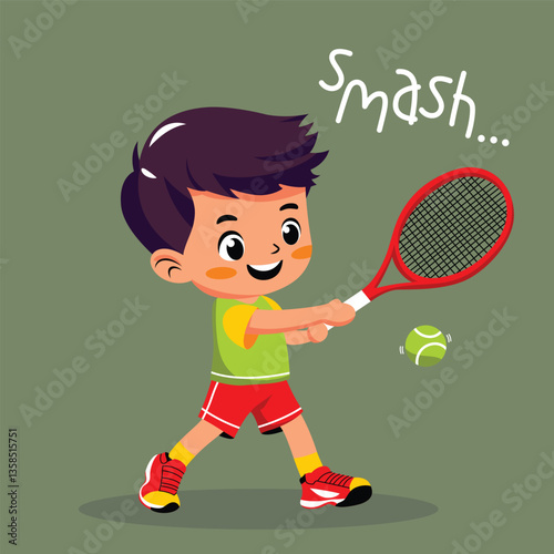 Cartoon boy swinging tennis racket to hit ball with smash text and happy expression on green background. Kids sport concept
