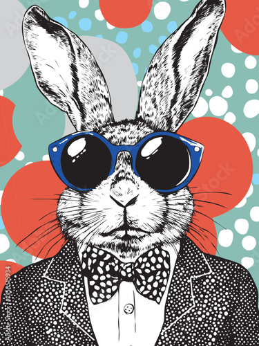 Hand-drawn rabbit wearing blue sunglasses suit and bowtie with colorful retro dots on abstract pop art background. Animal fashion concept

