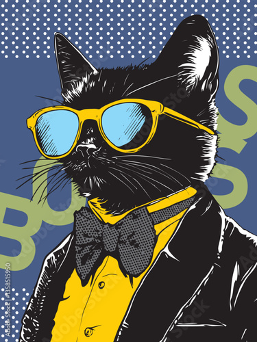 Stylish black cat wearing sunglasses yellow shirt and bowtie with boss text in bold pop art style. Animal fashion concept
