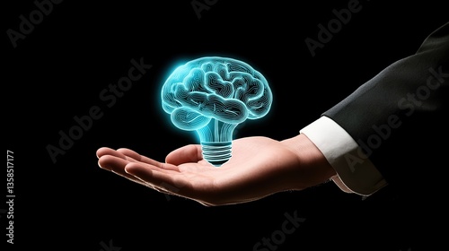 Businessman Holding a Glowing Light Bulb with Brain Icon – A Symbol of Innovation, Creativity, and Futuristic Digital Marketing Strategy
