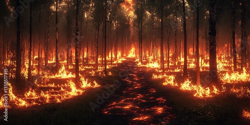 A forest is engulfed by an intense and raging wildfire