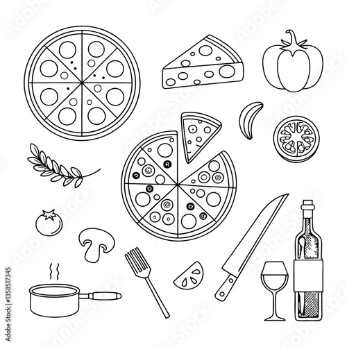 Food and drink icons set with doodle-style illustrations of various meals and beverages