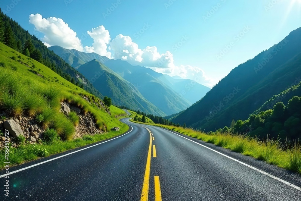 Fototapeta premium Empty asphalt road winding through lush green mountains under a clear blue sky, mountains, nature