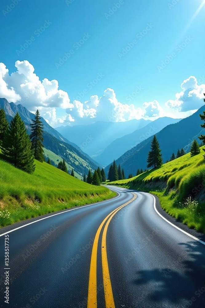 Naklejka premium Empty asphalt road winding through lush green mountains under a clear blue sky, road, journey
