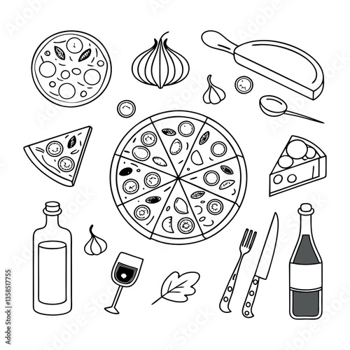 Food and drink icons set with doodle-style illustrations of various meals and beverages