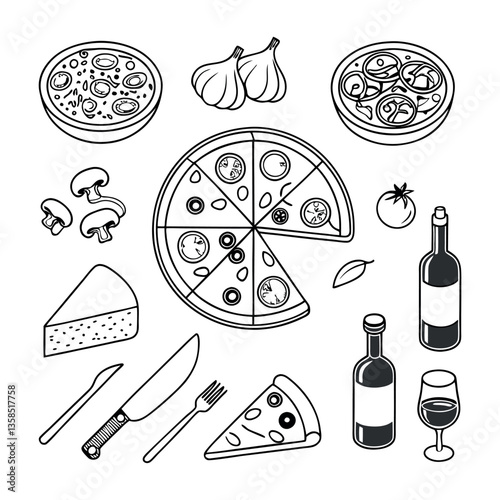 Food and drink icons set with doodle-style illustrations of various meals and beverages