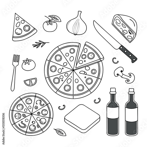 Food and drink icons set with doodle-style illustrations of various meals and beverages