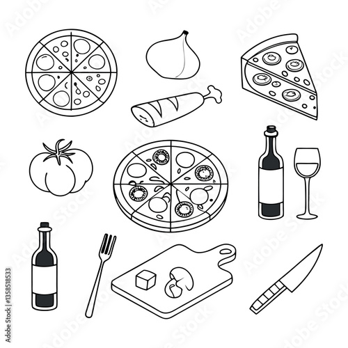 Food and drink icons set with doodle-style illustrations of various meals and beverages
