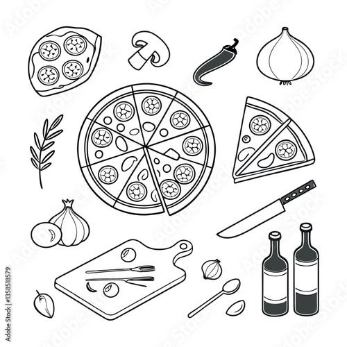 Food and drink icons set with doodle-style illustrations of various meals and beverages