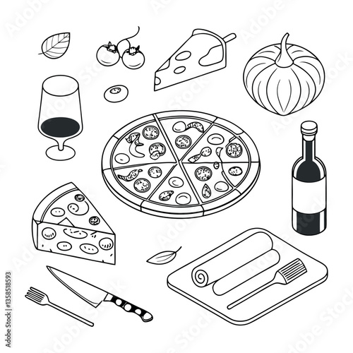 Food and drink icons set with doodle-style illustrations of various meals and beverages