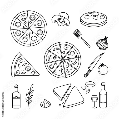 Food and drink icons set with doodle-style illustrations of various meals and beverages