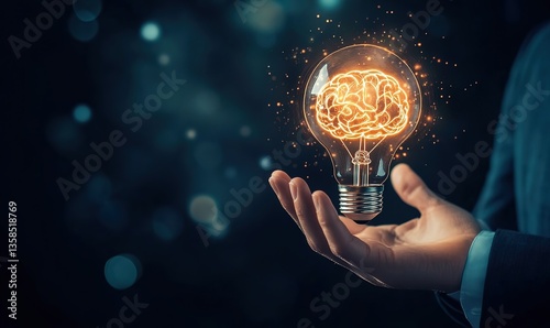 Businessman Holding a Glowing Light Bulb with Brain Icon – A Symbol of Innovation, Creativity, and Futuristic Digital Marketing Strategy