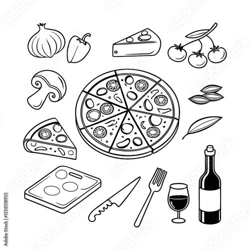 Food and drink icons set with doodle-style illustrations of various meals and beverages