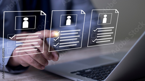 Human resource management concept. Businesswoman selects best employees from online job applicants to work efficiently and achieve sustainable business success. HR document review approval.