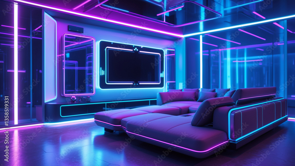 Immersive Neon Dreamscape: A futuristic lounge bathed in vibrant purple and blue LED lighting, featuring a sleek modular sofa and a large screen, creating a captivating and otherworldly atmosphere. Immersive Neon Dreamscape: A futuristic lounge bathed in vibrant purple and blue LED lighting, featuring a sleek modular sofa and a large screen, creating a captivating and otherworldly atmosphere.