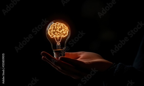 Businessman Holding a Glowing Light Bulb with Brain Icon – A Symbol of Innovation, Creativity, and Futuristic Digital Marketing Strategy
