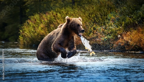 Brown Bear Seizes Fish Mid-Jump in Untamed River Landscape