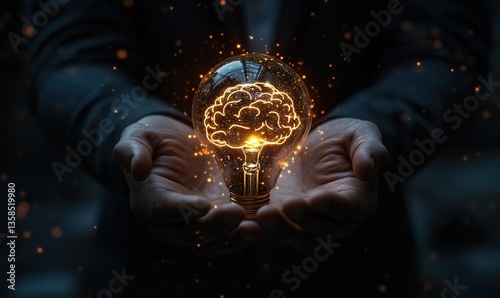 Businessman Holding a Glowing Light Bulb with Brain Icon – A Symbol of Innovation, Creativity, and Futuristic Digital Marketing Strategy