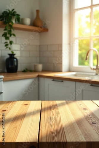 Empty wooden tabletop with blurred kitchen background sunshine, ideal for product placement,  ideal,  template