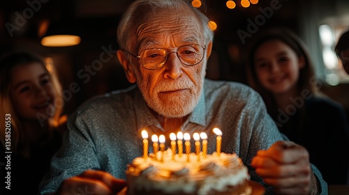 An elderly man blows out candles on his birthday cake