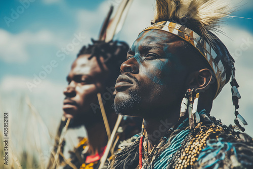 Portrait of native tribal villager in Africa on hunting, Selective focus native ethnic people with traditional accessories, African tribal with hand craft accessories.