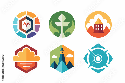 Iconic Graphic Resource Designs: An assortment of vibrant vector graphics, each a unique symbol, offering a spectrum of conceptual designs for varied applications.