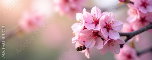 Delicate pink cherry blossoms in full bloom on a branch, showcasing the beauty of spring with vibrant colors and fresh greenery,  fresh, cherry blossoms