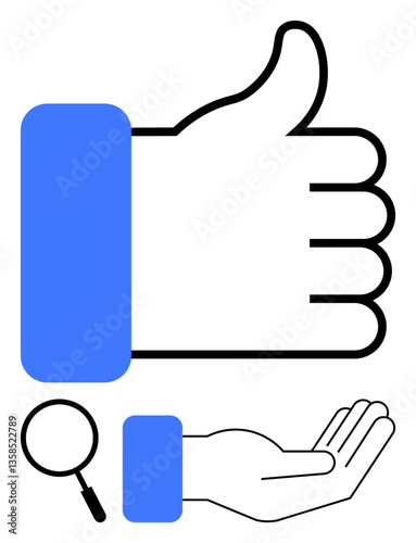 Blue thumbs-up signifies approval, open palm represents support, magnifying glass adds search or evaluation. Ideal for feedback, support, trust, quality, research evaluation positive effort. Flat