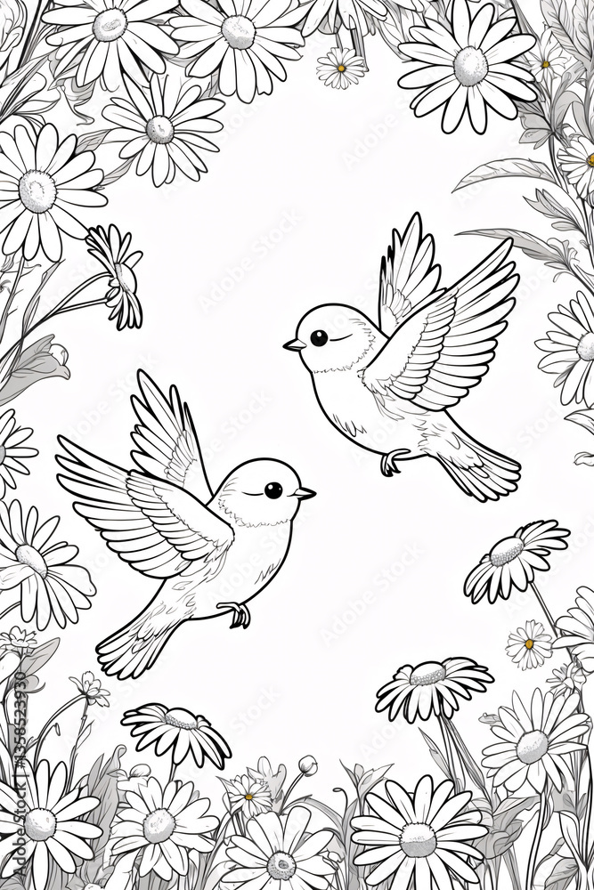 Obraz premium Delicate flying lover birds surrounded by flowers in a beautiful garden line art illustration for coloring animal in garden Illustration