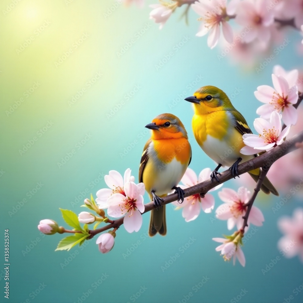Obraz premium Three tiny birds perched on a blossoming branch, sunny spring day , outdoor, fluffy, tweet