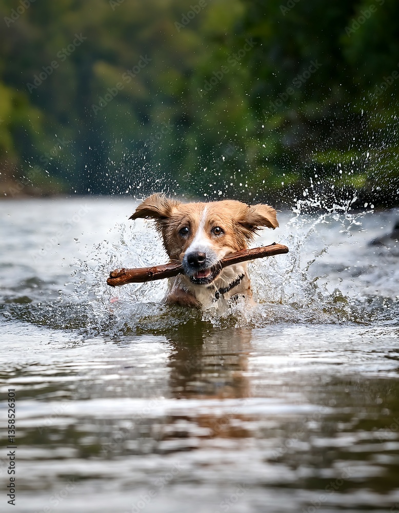 Brave dog swims upstream to retrieve stick in a powerful river splash Brave dog swims upstream to retrieve stick in a powerful river splash