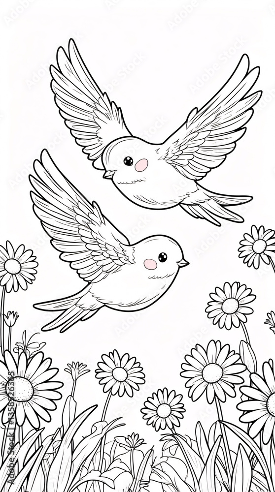 Obraz premium Elegant lover birds flying around colorful flowers in a peaceful garden full of life line art for coloring animal in garden Illustration