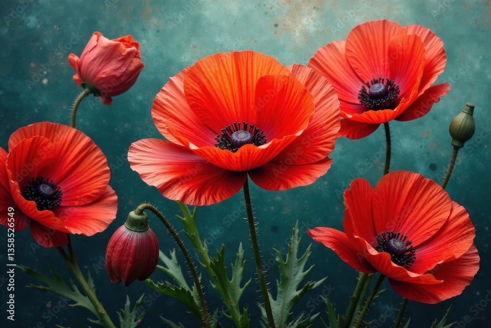Fototapeta premium Vibrant red poppy blossom, thick paint impasto, botanical illustration, floral art, petals