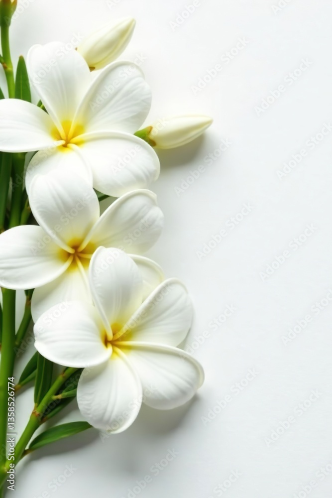Fototapeta premium Fresh and natural jasmine flowers arranged neatly on a clean white surface, white, pure