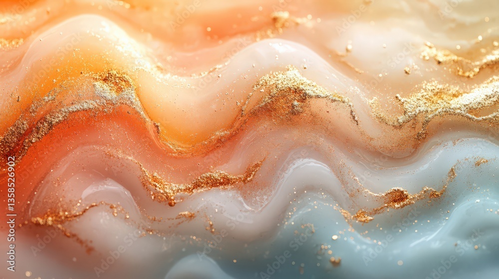 Fluid Abstract Waves with Golden Accents, Artistic Blend of Color and Sparkle