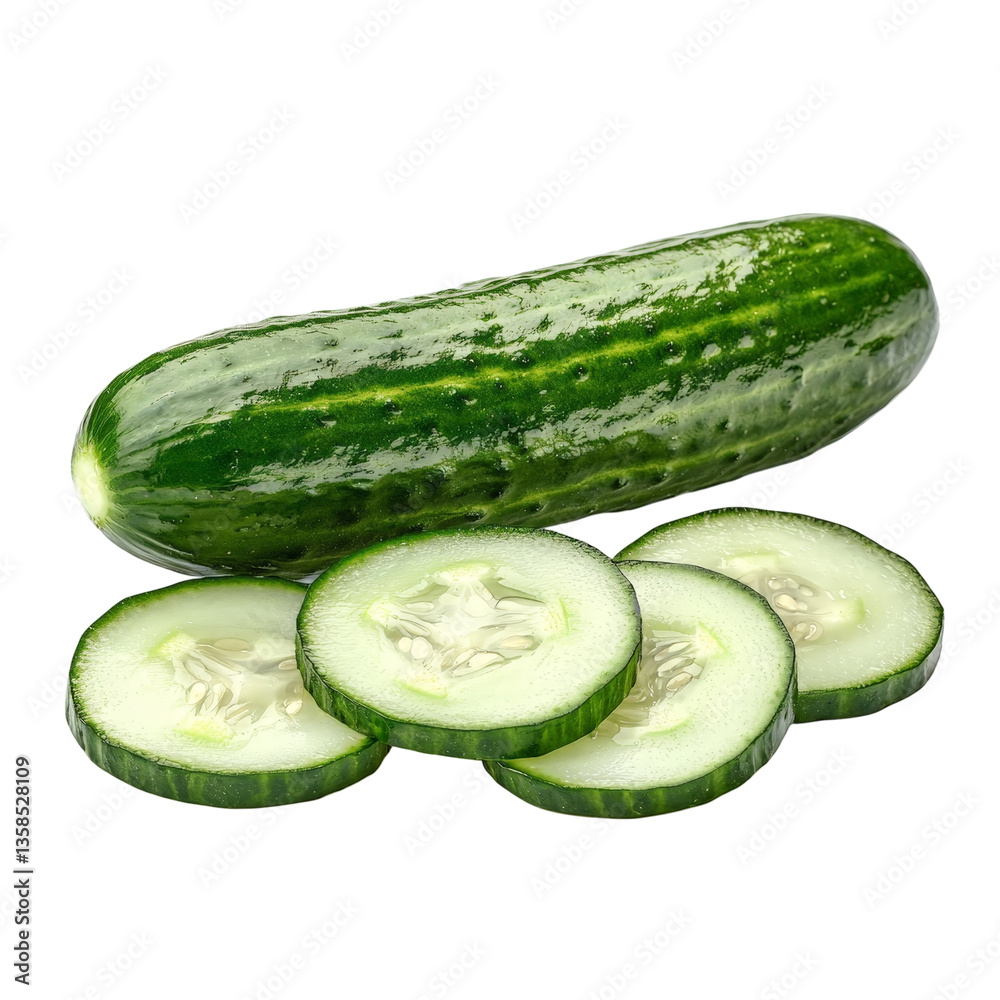 Fresh Green Cucumber with Slices on Transparent White isolate background Fresh Green Cucumber with Slices on Transparent White isolate background