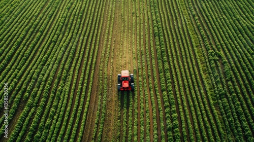 Aerial view of a red tractor working in a lush green agricultural field