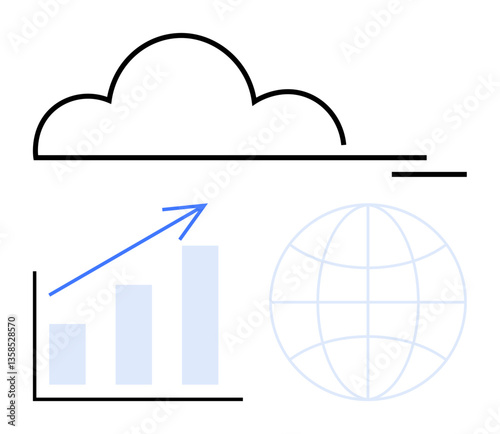 Minimalist design showing a cloud, a growing bar chart with an upward arrow, and a faint globe. Ideal for technology, analytics, global business, growth, innovation, connectivity and cloud storage