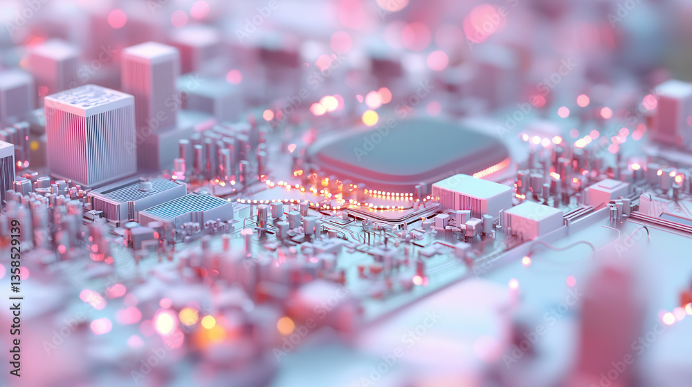 futuristic cityscape resembling microchip with glowing circuits and vibrant pink and blue tones