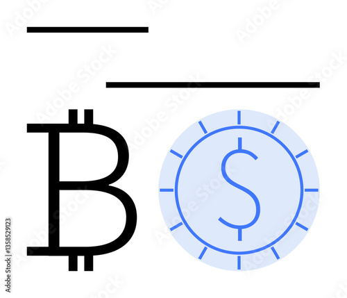 Bitcoin currency symbol with dollar sign inside a coin underlined by simple horizontal lines. Ideal for finance, cryptocurrency, trading, digital payments, blockchain, fintech, modern design. Flat