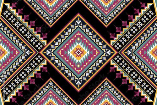 Seamless geometric tribal pattern with vibrant colors, featuring diamond shapes, zigzags, and ethnic-inspired details. Perfect for fabric, wallpaper, or digital backgrounds.
