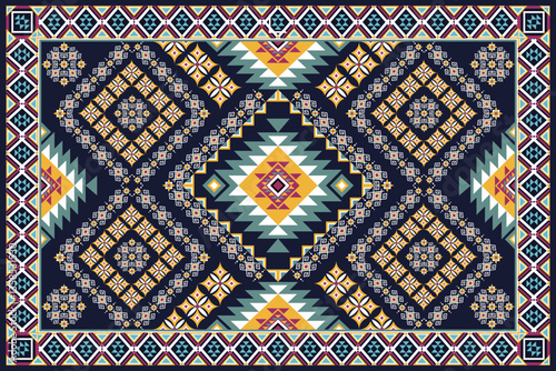 Intricate geometric pattern with a rich navy background, featuring vibrant diamond motifs and cultural textile influences. Ideal for fabric, wallpaper, and decorative design projects.