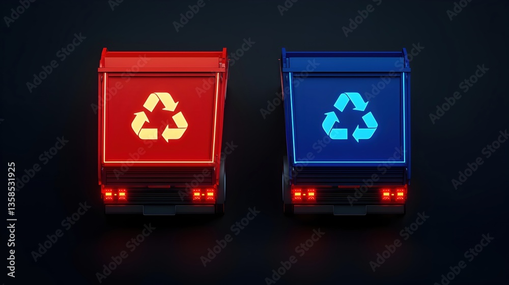 Obraz premium Two Waste Trucks with Bright Recycling Symbols in Red and Blue