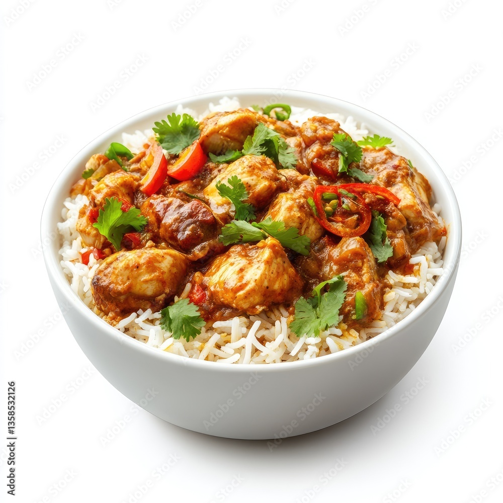 Spicy chicken curry with fried rice and vegetables in a bowl Spicy chicken curry with fried rice and vegetables in a bowl