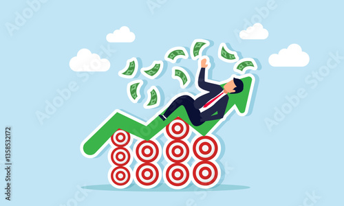 A businessman sleeps with money scattered over a rise green chart formed by stacked target boards, illustration of improved business target achievement impact financial performance