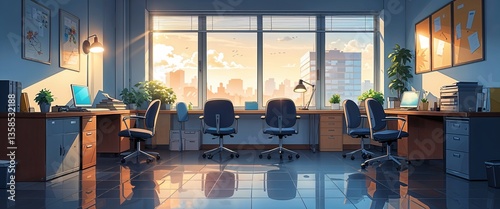 cartoon Early morning office scene with empty chairs and bright window view anime illustration art design