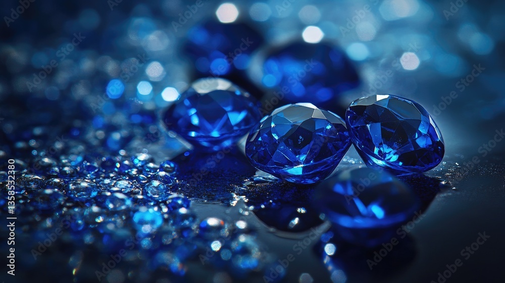 Sapphire gemstones in multiple shades of blue, neatly arranged on a reflective surface, showcasing their depth and elegance. Sapphire gemstones in multiple shades of blue, neatly arranged on a reflective surface, showcasing their depth and elegance.
