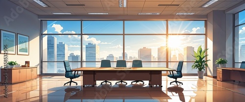 cartoon Empty office meeting room with conference table under morning sunshine anime illustration art design