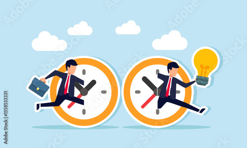A businessman carries a lamp and a briefcase through a portal between two clocks, illustration of effective and efficiency in complete work to implement business ideas properly