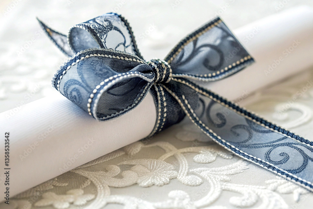 Fototapeta premium Close-Up of a Decorative Bow Knot on a Scroll of Paper with Clear Details on White Background